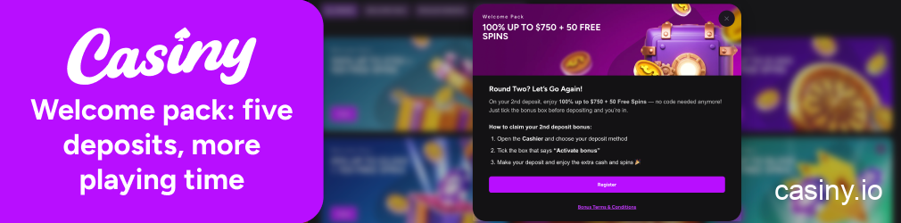 Casiny welcome pack five deposit bonus